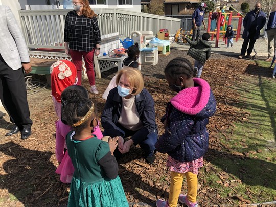 Mayor Durkan speaks with young constituents at the West African Community Council Preschool 