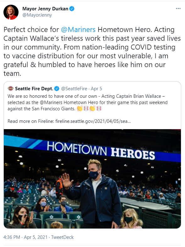 Tweet from Mayor Durkan congratulating Acting Captain Wallace 