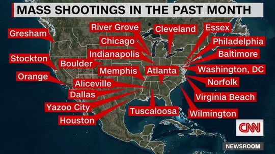 Map of the U.S. depicting the location of every mass shooting in the past month