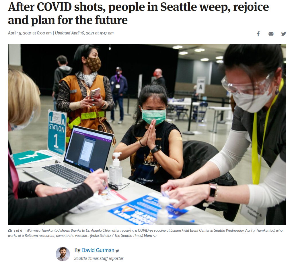 Seattle resident waiting to receive COVID-19 vaccination as Lumen Field and Event Center