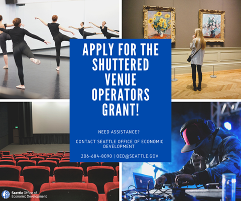 Graphic asking business owners to apply for the Shuttered Venue Operators Grant