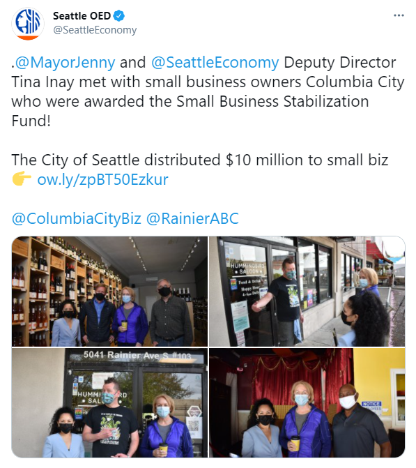 Tweet from the Office of Economic Development about the Mayor visiting small business owners in Columbia CIty