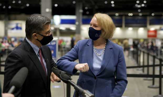 Mayor Durkan with US Health and Human Services Sec. Xavier Becerra at Lumen Field and Event Center