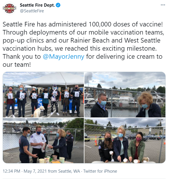 Seattle Fire Department Tweet about administering 100,00 vaccines