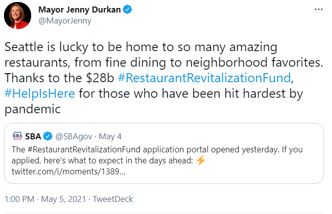 Tweet from Mayor Durkan about the Restaurant Revitalization Fund