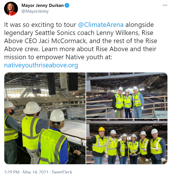 Tweet from Mayor Durkan about touring Climate Pledge Arena