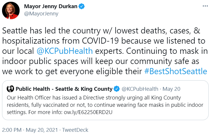 Tweet from Mayor Durkan about health directive