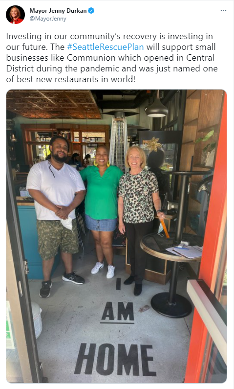 Tweet from the Mayor about visiting the restaurant Communion in Central District