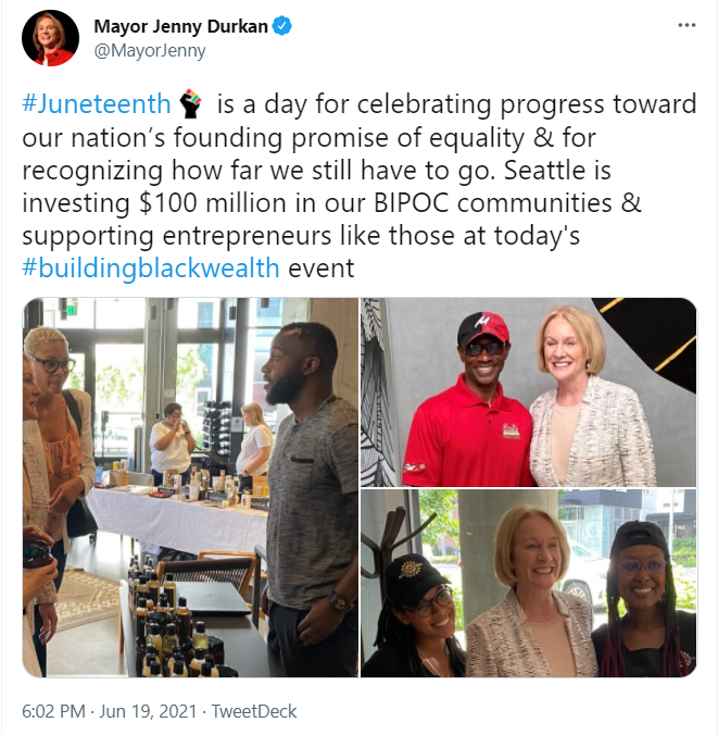 Tweet from Mayor Durkan about the Building Black Wealth event