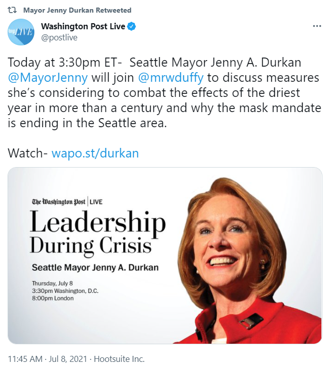 Tweet from the Washington Post live about Mayor Durkan's Interview