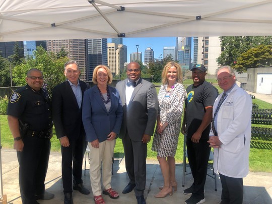 Mayor Durkan and speakers at Harborview Medical Center as the City announces funding for gun violence prevention 