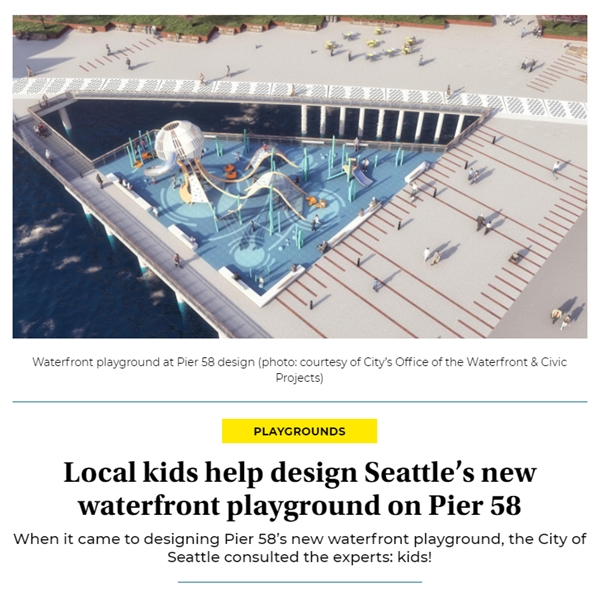 Headline and image from Seattle's Child showing a concept for a new playground on Pier 58