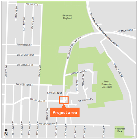 Graphic showing the project area along the West Seattle Bridge detour route.
