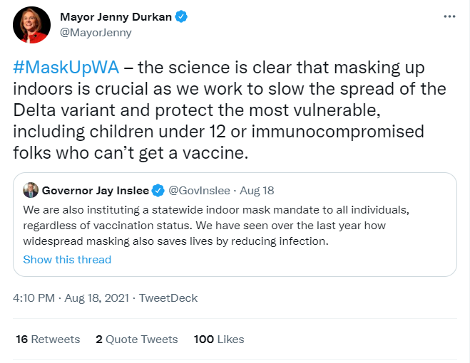 Tweet from Mayor Durkan encouraging residents to wear a mask indoors