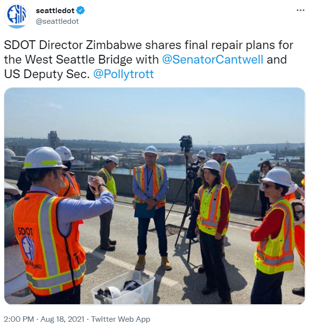 Tweet from SDOT about Senator Cantwell and Deputy Secretary of Transportation, Polly Trottenberg for stopping by the West Seattle Bridge