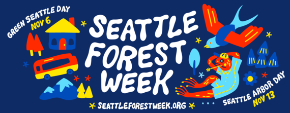 Artistic banner advertising "Seattle Forest Week". Image includes drawings of a frog, bird, mountains and other outdoor elements.