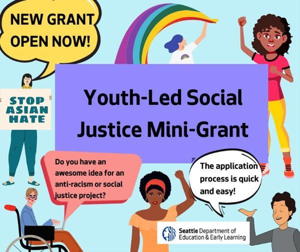 An image that says "Youth-Led Social Justice Mini-Grant" surrounded by drawings of young people.