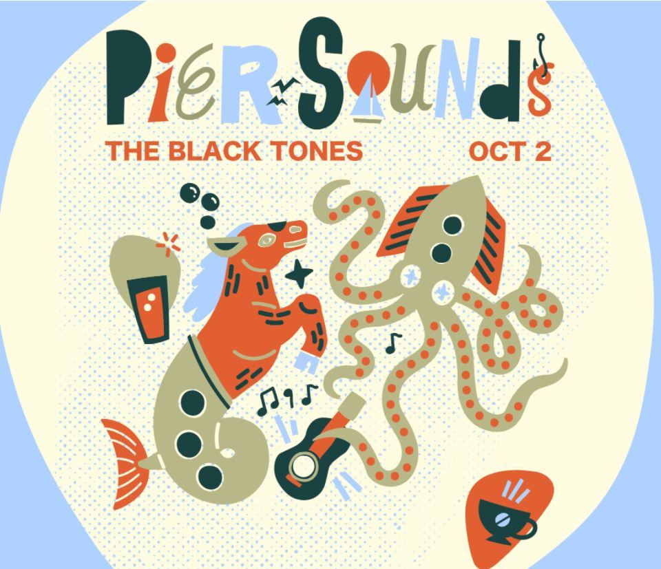 An artistic imageadvertising the "Pier Sounds" event. The image includes drawings of an octopus, guitar, and other creatures.