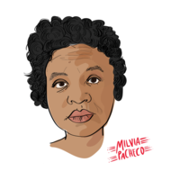 Illustration of an Afro Latinx woman's face with her name "Milvia Pacho" in red in the corner