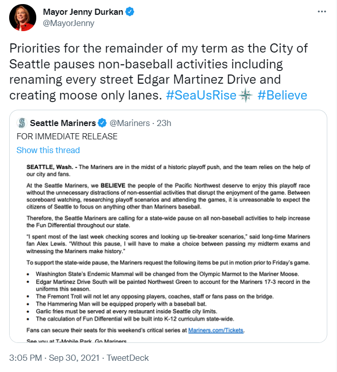 Tweet from Mayor Durkan supporting the Seattle Mariners