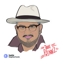An illustration of a Chicano man wearing a brimmed hat and glasses and text that reads "Jake Prendez"