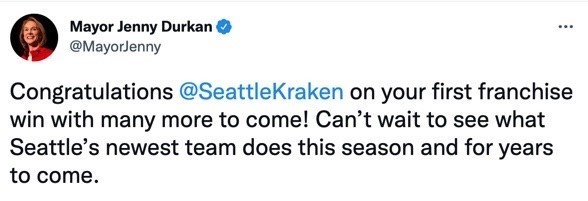 Tweet from Mayor Durkan congratulating the Seattle Kraken