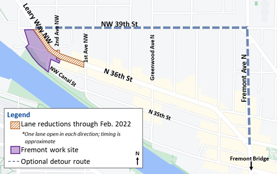 Map showing lane reductions on Leary Way NW and optional detour route