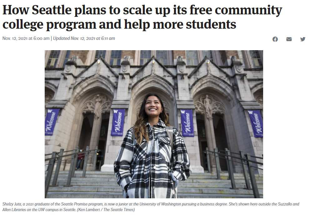 Photo of a Seattle Promise student on the University of Washington campus
