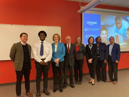 Group photo of speakers at a press conference at North Seattle College