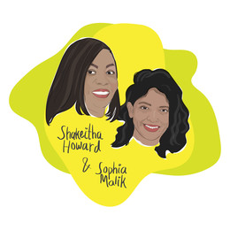  Illustration of the faces of two Black women, smiling with their names and title reading "Reimagine Seattle"