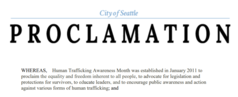 Graphic image of top of City of Seattle proclamation on Human Trafficking Awareness Month
