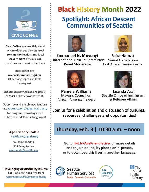 Flyer graphic for Age Friendly Seattle Civic Coffee on Thursday, February 3 with a Panel Discussion on Seattle's African Descent Communities