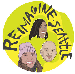 An illustration of three faces on an asymetrical, yellow background with text: "Reimagine Seattle"