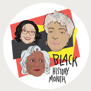 An illustration of three faces with a red, black, and yellow background. Handwritten text reads: "Black History Month"