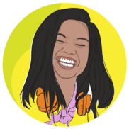 An illustration of a face of a young person with closed eyes, a big smile, and headphones headphones around their neck. 