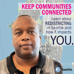 Close-up of a man looking at camera and a map in the background. Text says "Keep Communities Connected" 