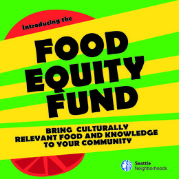 A graphic design with green background and yellow stripes. Bold, black text says "Food Equity Fund" 