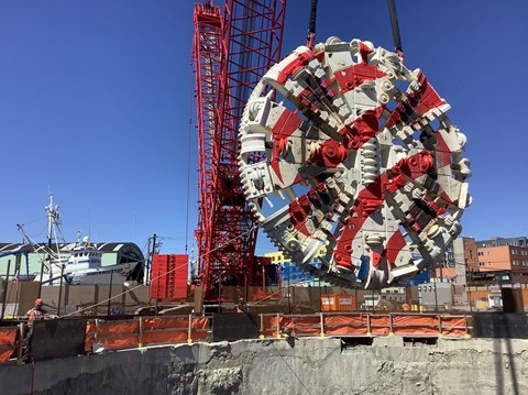 MudHoney’s cutterhead is lowered into the Ballard shaft in April 2021