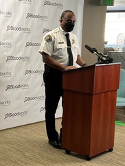 Fire Chief Harold Scoggins speaks to media about the importance of a healthy regional blood supply to firefighter EMTs and paramedics