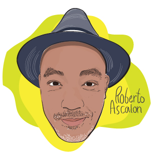 Illustration of a man with brown skin and a black hat, smiling. Small, handwritten text says "Roberto Ascalon"