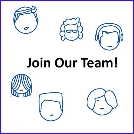 Black text reads "Join Our Team!" with blue outlines of illustrated faces surrounding it