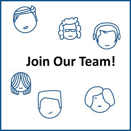 Blue illustrated outlines of five different faces surround black text that reads "Join Our Team!" 