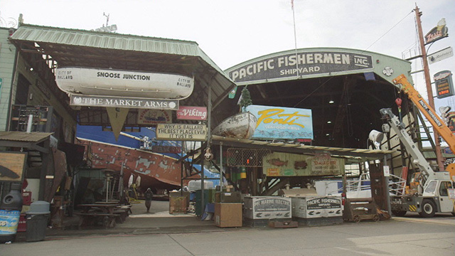 Signs on display on the exterior of the Pacific Fishermens building