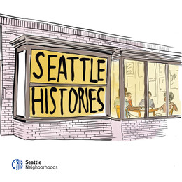 An illustration of a forefront with text in the window that reads: "Seattle Histories"