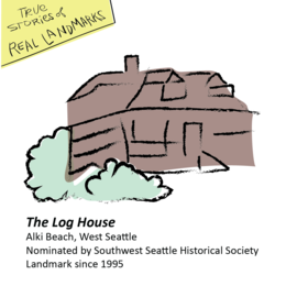 An illustration of a log building and foliage. Text reads "The Log Cabin, Alki Beach, Landmark since 1955"