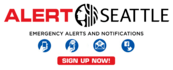 Red, black, and blue logo for AlertSeattle showing different ways to receive emergency alerts and notifications (text, email, social media)