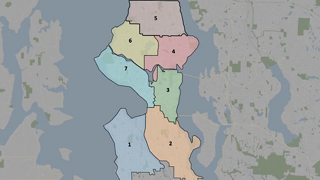 Map showing current boundaries of Seattle's seven council districts