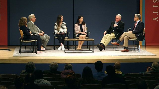 Guests and interviewers on stage at Seattle University