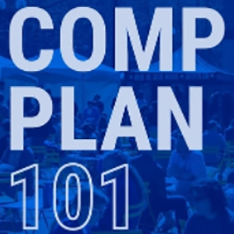 A photo of people outside conversing with a navy blue overlay with white text "Comp Plan 101"