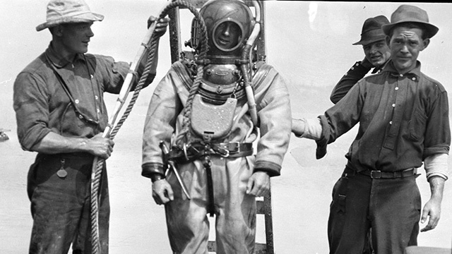 Archival photograph of a diver
